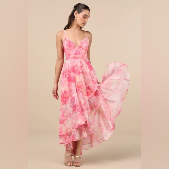 Lulus Dresses & Skirts - Lulus Desdra pink floral ruffle tiered high low maxi dress